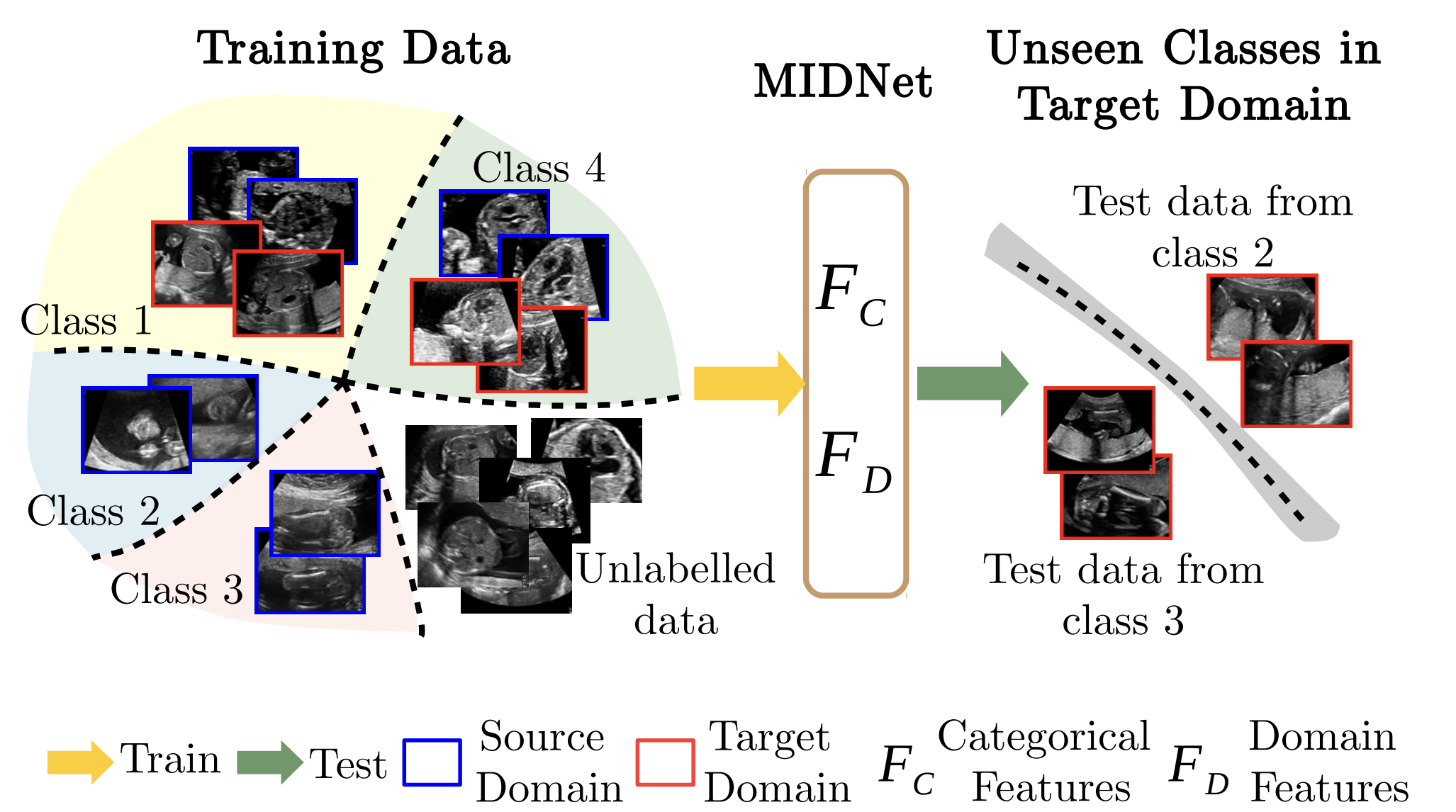 Mutual Information-based Disentangled Neural Networks for Classifying Unseen Categories in Different Domains: Application to Fetal Ultrasound Imaging